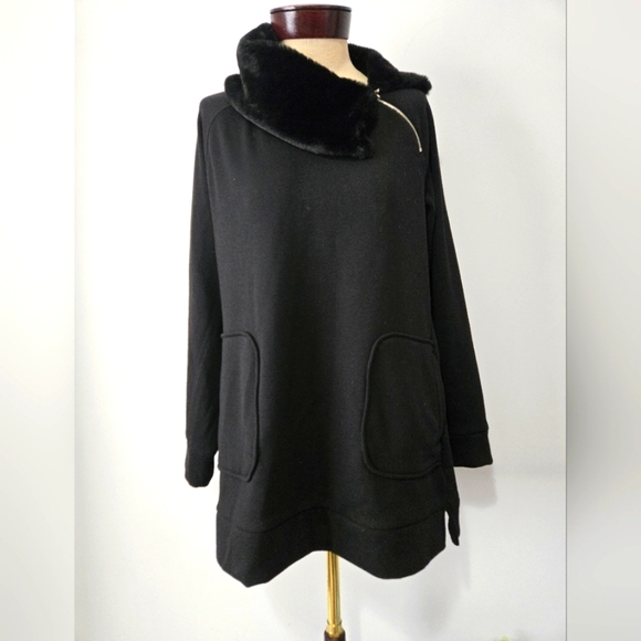 JEANNE PIERRE sweater jacket/ poncho with faux fur collar and SOFT lining. Large - Picture 1 of 13